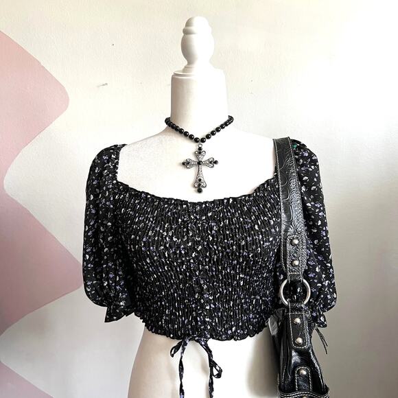 Black Smocked Puff Sleeve Top, Cottagecore Boho Witchy Gothic Victorian Small - Picture 1 of 5